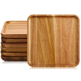 Didaey Set of 6 Acacia Wood Plates 8” Square Wooden Plates for Food, Wood Serving Trays Platter for Dinner Appetizer Meal Dishes Snack Dessert, Easy Cleaning and Lightweight