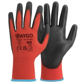 KAYGO Work Gloves PU Coated-12 Pairs, KG11PR, Safety Working Gloves with Secure Grip on Palm & Fingers, for Men and Women, Ideal for General Purpose Light Duty Work, Gardening (Medium, Red)