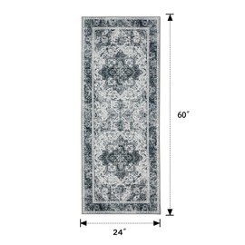 Joydeco Runner Rug 2x5 Non Slip Machine Washable Vintage Rug, Low Pile Non Slip Chenille Print Rugs for Doormat, Entryway, Bedroom, Kitchen and Corridor, Bathroom, Light Gray