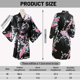 flintronic Kimono Robe Women's Satin Dressing Gown with Belt V-Neck, Black Print-M, M