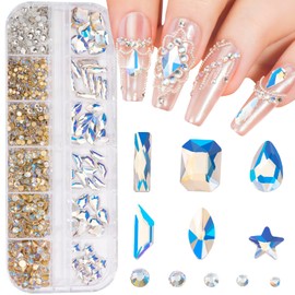DZHILHMX Nail Rhinestones - 3D Multi Shape Size, Blue Moon Crystals, Beads, Flat Back, Gems Rhinestones, for Nail Art and DIY Decor