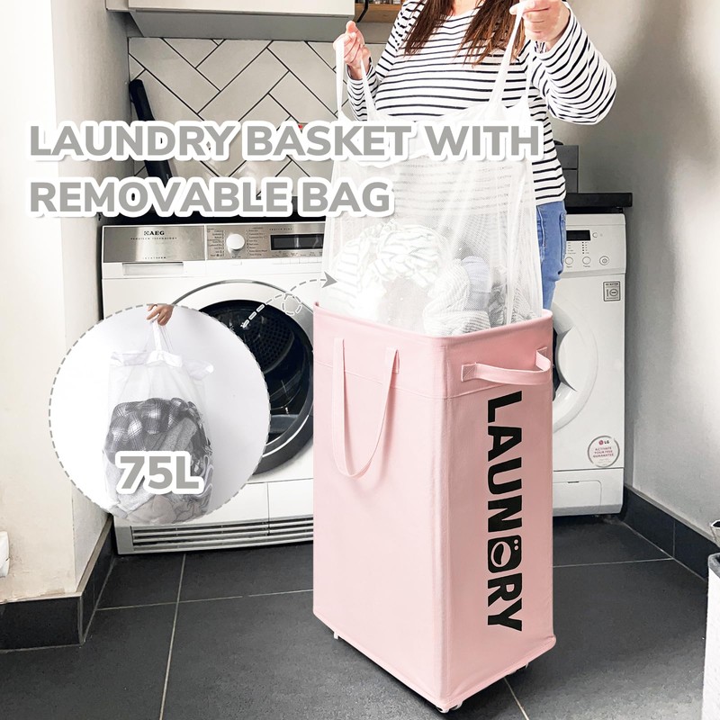 CHICVITA Slim Laundry Hamper with Wheels 75L, Collapsible Rolling Laundry