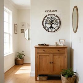 JXQXYN Large Wall Clock,14“ Tree of Life Metal & Wood Wall Clock with Bird Design,Decorative Non-Ticking Wall Clock for Living Room,Farmhouse Home Decor