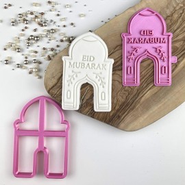 LissieLou Mosque Outline with Eid Mubarak Ramadan Icing Fondant Cookie Cutter and Stamp - Light Pink