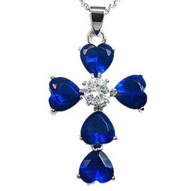 RIZILIA Cross Pendant with 18" Chain & Heart Cut CZ [Simulated Blue Sapphire] in White Gold Plated, Simple Modern Elegant