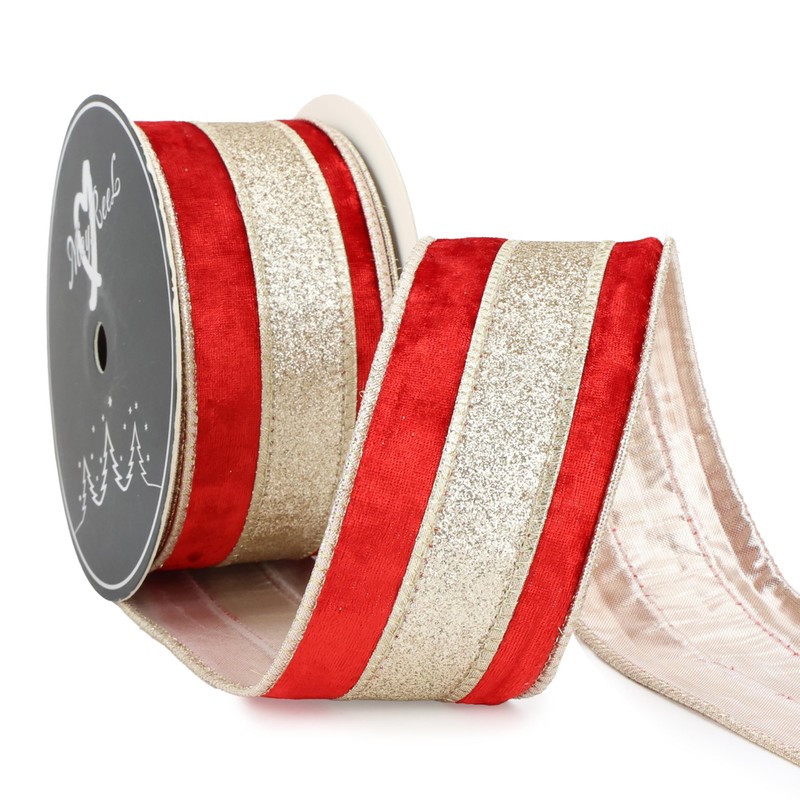MAYREEL Red Crushed Velvet Ribbon Wired 2.5 Inch 10 Yards