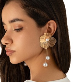 1Pair Vintage Flower Long Tassel Pearl Drop Earrings Summer Metal Pearl Piercing Earrings Bridal Wedding Drop Earrings Statement Flower Stud Jewelry for Women, Medium, Metal, No Gemstone