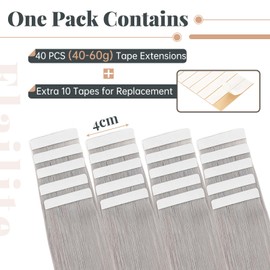 Elailite Real Hair Tape Extensions, Grey, 20 Pieces, 30 g, Invisible Glue Hair Extensions, Straight, 30 cm, # Light Grey