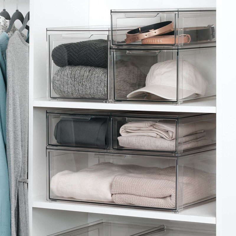 mDesign Plastic Stackable Closet Storage Organizer Bins with Pull Out