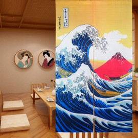 LIGICKY Japanese Noren Doorway Curtain Ukiyoe Hokusai The Great Wave off Kanagawa Mount Fuji Door Hanging Tapestry for Home Decoration 33.5 x 59 inch