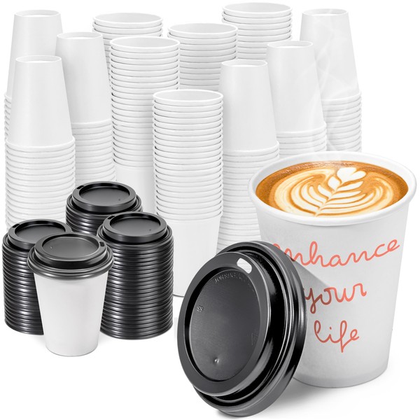 Fit Meal Prep [100 Pack 8 Oz Disposable Paper Coffee Cups with Black Lids, To Go Coffee Cups for Hot and Cold Beverage, On the Go Cups for Coffee, Hot Chocolate, Tea, Cortado, Water and Juice