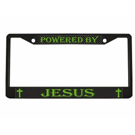 Powered by Jesus Religious Meditation License Plate Frame Car Tag Holder(Carbon )