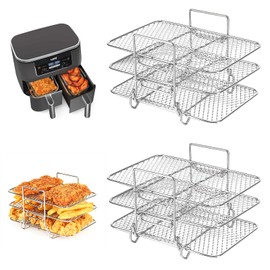 BYKITCHEN 2 PCS Air Fryer Racks for Tower/Ninja Dual AF400UK/AF451UK/AF500UK, Three Layer Stainless Steel, Air Fryer Accessories for Ninja 9.5L/Flex Drawer 10.4L / Instant/EMtronics 2 Drawer Fryer
