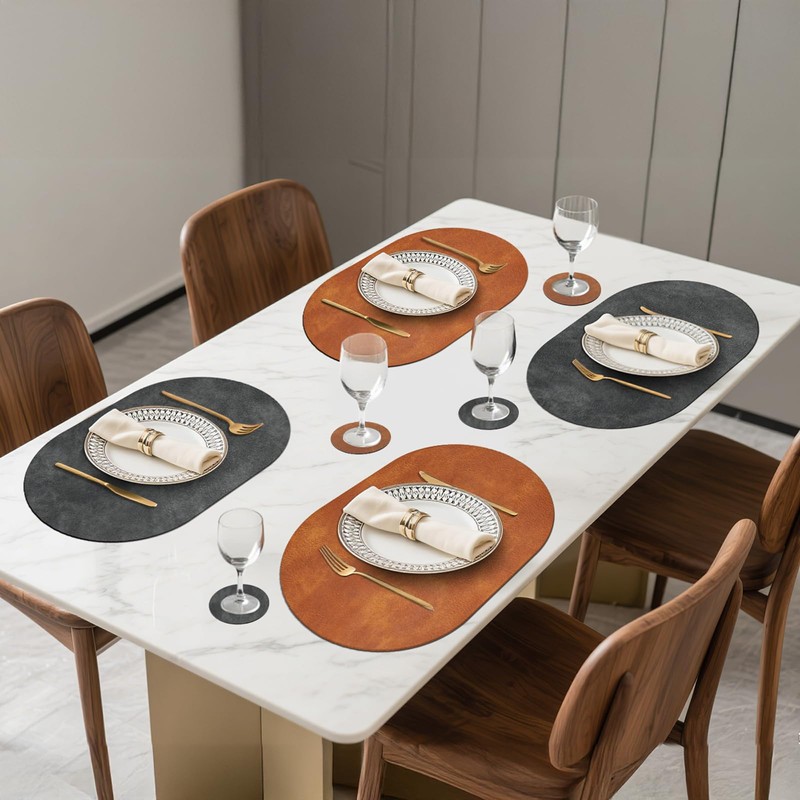 Pixieora Faux Leather Placemats and Coasters, Washable Reversible Oval Placemats