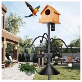 92 Inch Metal Bird Feeder Pole with Squirrel-Proof Baffle, 4 Hooks & 2 Feeding Trays - Heavy Duty 5-Prong Base Outdoor Birdhouse Stand, Garden Bird Feeding Station (Black, 92inch)