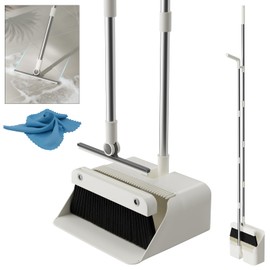Magnetic Broom and Dustpan Set with Silicone Broom Squeegee, 55'' Broom with Dustpan Combo Set Self-Cleaning Teeth Design Upright Standing Dustpan Blue Microfiber Cloth for Indoor Floor Home Kitchen