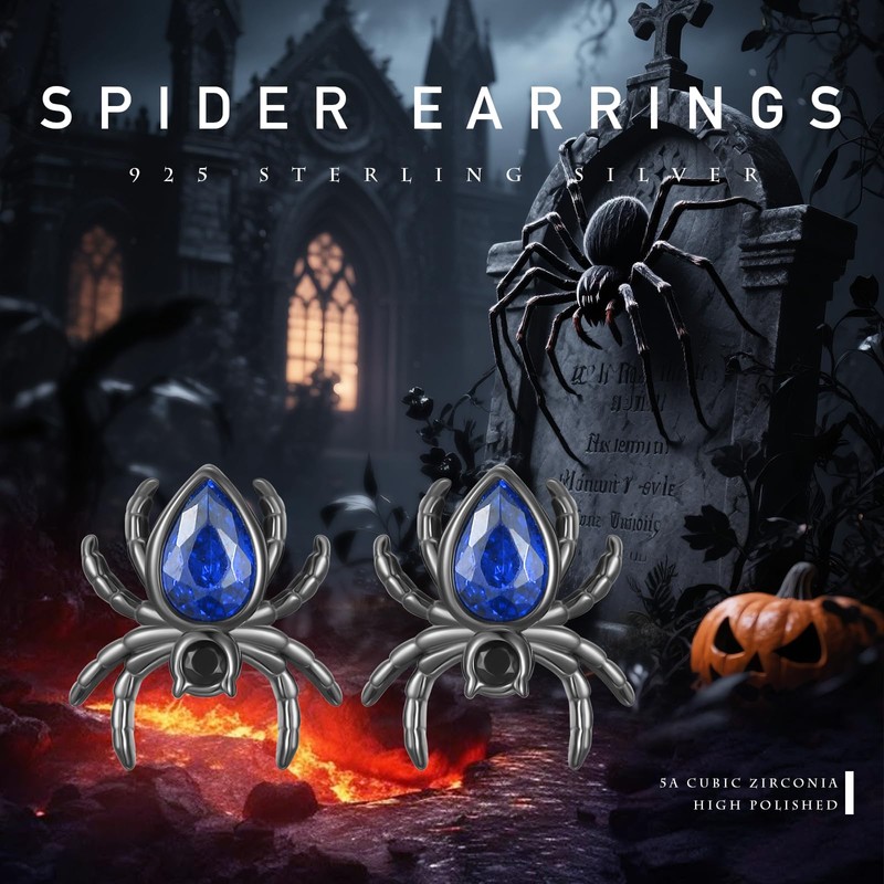 Gothic Spider Stud Earrings, 925 Sterling Silver Blue Zircon Stone