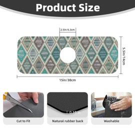 Teal And Brown Boho Style Kitchen Sink Splash Guard Faucet Mat Super Absorbent Fast Drying Mat Sink Gadgets-Fast Drying Pad Sink Mat For Kitchen Bathroom (15" X 5.5" )