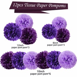 KUNYYI Purple Tissue Paper Pom Poms Flowers Balls Decorations 12 Pcs, Perfect for Women Girls Mothers Day Bachelorette Wedding Birthday Baby Showers Valentine's Day Party