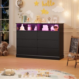 GAOMON Black Dresser for Bedroom with 6 Drawers, Modern Chest Featuring LED Lights and Charging Station, Spacious Storage Cabinet with Open Space for Living Room or Hallway
