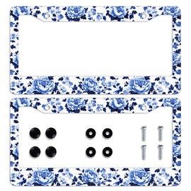 Blue Floral License Plate Frame Peony Flowers Vintage Porcelain Personalise Stainless Steel Metal Car Plates Funny License Plate Frames Decorative for Men Women 12.2"x6.2"