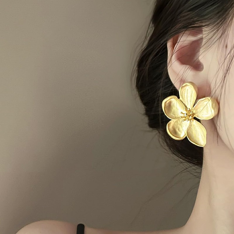 Chunky Gold Large Flower Earrings for Women Irregular Geometric Thick
