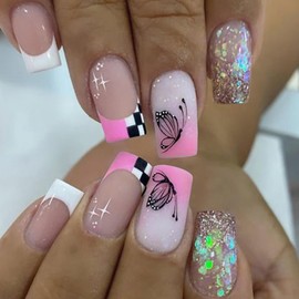 Press on Nails Square Medium French Tips Glossy Full Cover Acrylic Square Medium Glitter False Nails with Butterfly Designs Artificial Short Coffin Fake Nails Glue Stick on Fingernails for Women Girls