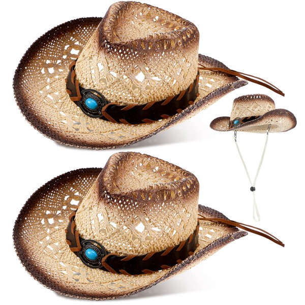 Geyoga 2 Pieces Men and Women's Woven Straw Cowboy Hat Western Cowboy Hats Cowgirl Hat for Women Straw Beach Hat (Bead)