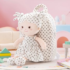 Onetoo Toddler Backpack Back to School Gifts for Girls Kids Backpacks with Soft Light Baby Dolls in Grey Star White Dress 9"
