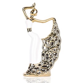 DOVDOV Estatua y escultura de pavo real, bailarina femenina, estatua moderna de cerámica dorada para mesa de centro, entrada, sala de estar, recámara, oficina, blanco y dorado