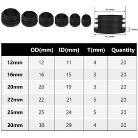 Realure 120 Pcs Round Plastic Plug, 12mm/16mm/20mm/22mm/25mm/30mm Black Plastic End Caps, Hard Plastic Plug for Pipe, Round Section End Cap, Tubing End Cap Plug for Sealing Pipe, Metal Chair Leg Cap