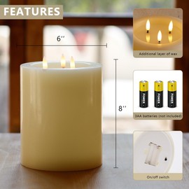 AFINETH 6"x8" Large Flameless Candles with Remote, Real Wax Big Battery Operated Candles with 3 Wicks, Flickering LED Pillar Candle for Tables, Mantle, Home, Wedding, Party Decor