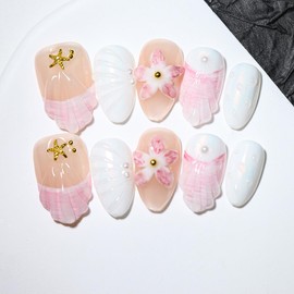 10 pcs Handmade Press On Nails, Summer latest styles,3D Floral Nail Decoration,Seashell Mermaid Design with Gold Stars, Almond Shape, Reusable DIY Nail Art for Women and Girls (A01, M)