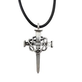 FORGIVEN JEWELRY Nail Cross Crown of Thorns Large Mens Pewter Antique Silver Metal Finish Pendant Black Cord Necklace