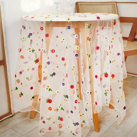 QXUJI Embroidered Lace Tablecloth, Colorful Flower Table Cover, Vintage Lace Table Runner, for Wedding Banquet Holiday Party Picnic Dinner Tables Home Decoration, 59 x 71 Inch, Beige