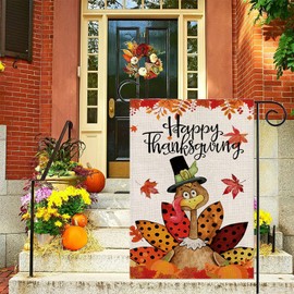 YAHAZORR Happy Thanksgiving Garden Flag with Turkey & Pumpkins Double-Sided 12x18 Inch Fall Welcome Thankful Yard Flag for Seasonal Harvest Autumn Holiday Outdoor Decoration-QZ10