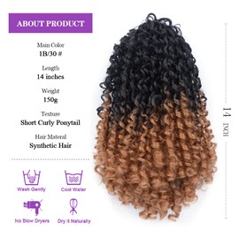 Yinmei Baibian Curly Drawstring Ponytail Hair Extensions 12inch Short Ombre Brown Curly Wavy Ponytail With 2 Clips in Pony Tail Hairpiece for Black Women Girls(1B30#)