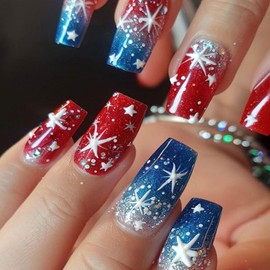 Independence Nails Press ons Long Square Press on Nails 4th of July False Nails White Stars Glitter Sequins Design Blue Gradient Fake Nails Red July 4th Glue on Nails Artificial Nails for Girls 24Pcs