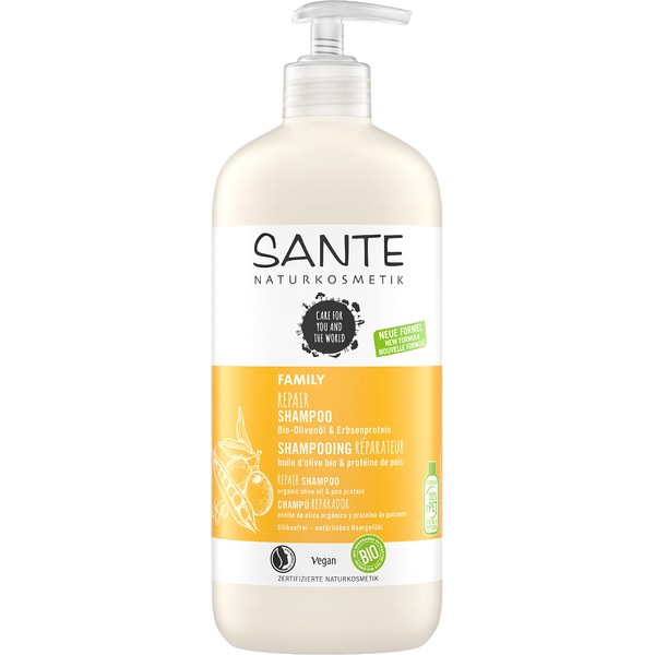 SANTE Naturkosmetik Repairing Shampoo for Damaged and Damaged Hair, Vegan Formula with Organic Olive Oil and Pea Protein, Repair Shampoo, 1 x 500 ml