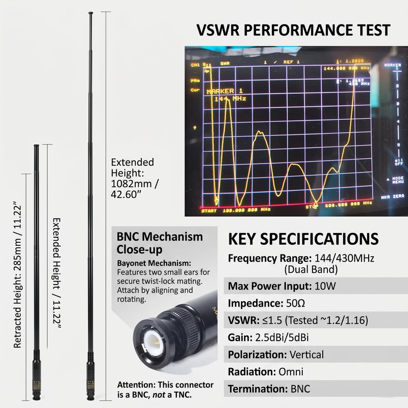 HYS BNC Telescopic Whip Handheld Dual Band Antenna,VHF 144MHz &
