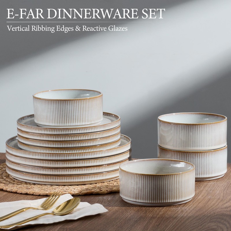 E-far Stoneware Dinnerware Sets, 18-Pieces Modern Plates and Bowls Sets,