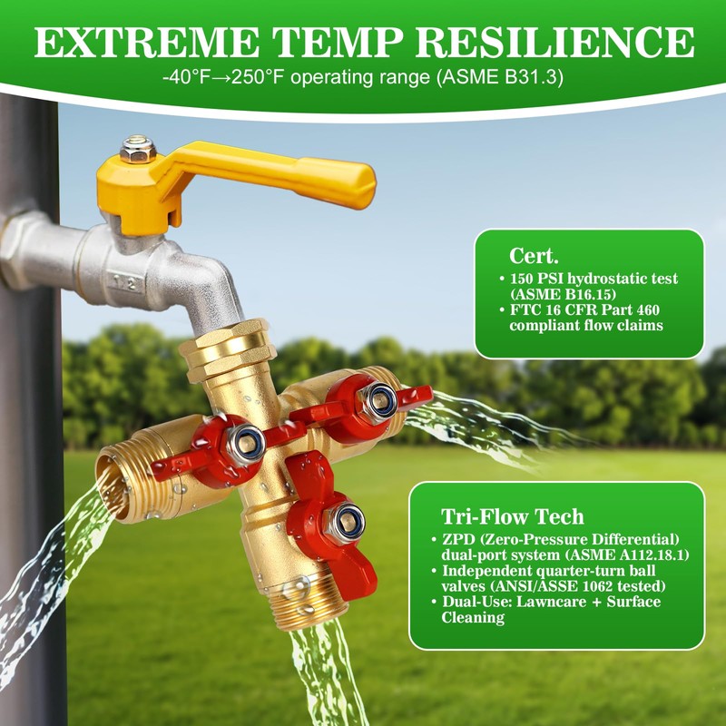 3 Way Hose Splitter, Solid Brass High Volume 3 Way