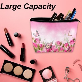 DEMACYA Cute Makeup Bag for Purse, Spring Pink Rose Floral Butterfly Cosmetic Bags for Women Travel Toiletry Bag Funny Zipper Pouch Makeup Bags Gift 9.5×5.9 Inch