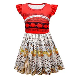 Garperkids Little Girls Moanaa Princess Costume Kids Adventure Ocean Princess Dress Flutter Sleeve Summer Casual Dress Birthday Party Dress Up Children Outfits Red