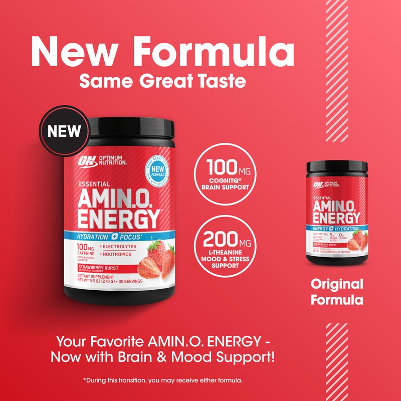 Optimum Nutrition Amino Energy Powder Plus Focus, with BCAA, Electrolytes,