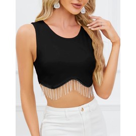 CYCLAMEN 2023 Sparkly Rhinestone Fringe Crop Tank Top Nashville Glitter Tassel Short Sleeves One Shoulder Concert Top, Tank, Black, L