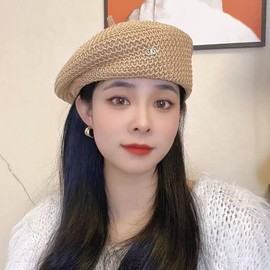 Meyaus Women Wave Pattern Straw Woven Sunhat Classic French Style Beret Artist Painter Sun Hat Cap