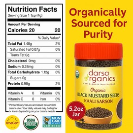 Darsa Organics Black Mustard Seeds 5.3 oz - Premium Quality USDA Organic Certified Black Mustard Seeds for Pickles, Curries, & Spice Blends, Non-GMO, Gluten-Free, Kosher packed in a BPA Free Jar