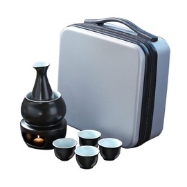 WINIAER Ceramic Sake Set with Warmer Pot, Traditional Pottery Hot Cold Saki Drink Set, 8 Pieces Include 1 Stove, 1 Warming Bowl, 1 Sake Pot, 4 Sake Cups, 1 Storage Bag