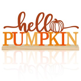 COCHIE Metal Hello Pumpkin Sign, Orange Fall Decorations for Home, Office, Shelf, Mantel, Indoor, Autumn Pumpkin Decoration, Hello Fall Decor (Autumn A)